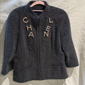 Chanel 2013 Blue Gray Wool Evening Jacket 3/4 Sleeve Zip Blazer XL 10